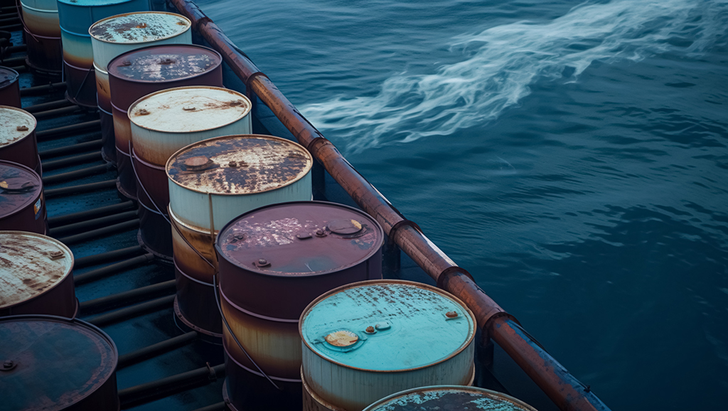 Barrels of oil on the high seas, created with Generative AI tech Barrels of oil